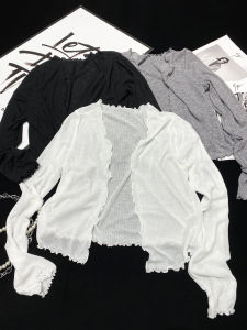 Summer Short Sleeve Long Coat Womens Pure Color Slimming Outerwear Sun Protection Wood Grain Edge Cardigan Fashionable Top