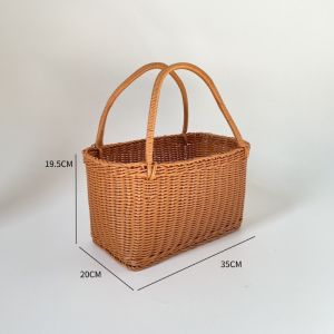 Wicker Storage Basket with Handle Iron Frame Reinforced Picnic Basket Shopping Basket Living Room Vegetable Buying Basket