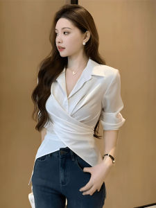 French Crossed Waist-Cinching Long Sleeve Shirt Womens Spring Autumn New Style Unique Elegant Slimming Versatile Top