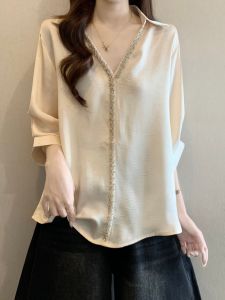 Sun Protection Satin Seven-eighths Sleeve Blouse V-neck Shimmer Decorative Shirt