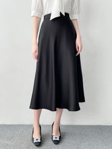 Han Qiya High Waist A- line Black Skirt Womens Summer Soft Light Satin Big Hem Umbrella Skirt Professional Commute Versatile Skirt