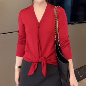 UYFY | Red V-neck Long Sleeve Casual Shirt Womens Commute Fashion Slimming Top Korean Style Autumn New Arrival Anti-aging