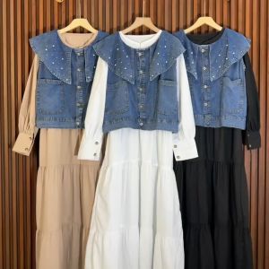 LAVANYA DRESS + ROMPI Crinkle Mix Jeans Oneset Gamis Dan Outer Set 2IN1 Bisa Lepas Pasang