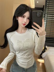 Fashionable Long Sleeve T-Shirt Heavy Embellishment Asymmetrical Waist Cinching Butterfly Knot Bottoming Shirt Top for Trendy Girls