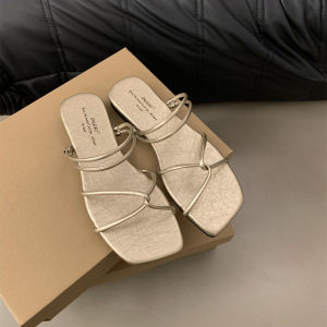French Style Flat Bottom Sandals Womens Summer New Small Square Head Soft Bottom Slip-On Shoes Roman Style Low Heel Rubber Sole