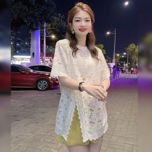 BINKAFENNY | Elegant Hollow Out Floral Embroidery Short Sleeve T-Shirt Womens Summer Fashion Versatile Chic Beautiful Top Design Split