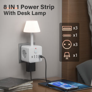 1 Pc 3-Outlet Power Strip with Adjustable Brightness Desk Lamp Surge Protection On/Off Switch 3 USB-A Ports & 1 USB-C Port