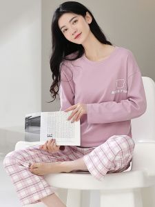 ชุดนอนผู้หญิง Pure Cotton Long Sleeve round Neck Home Clothes ชุดนอนฤดูใบไม้ผลิและฤดูใบไม้ร่วง ชุดนอนฤดูใบไม้ร่วงและฤดูหนาวที่สวมใส่ได้ด้านนอก