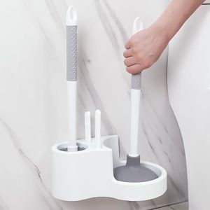 4 in 1 Toilet Brush Set Plunger Drain Wall-mounted Multifunction Cleaning Bathroom with Holder