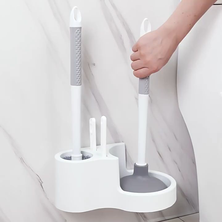 4 in 1 Toilet Brush Set Plunger Drain Wall-mounted Multifunction Cleaning Bathroom with Holder