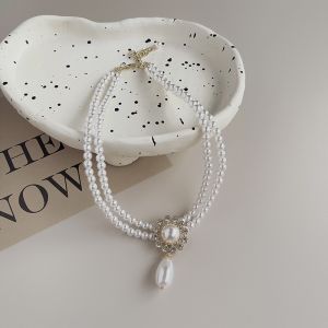 French Luxury Vintage Baroque Pearl Earrings Necklace Set Womens High-End Diamond Pendant Clavicle Chain Bridal Jewelry