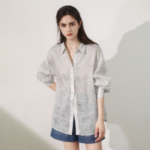 Miccbeirn | Casual Pure Flax Long Sleeve Shirt Vintage Ink Print Turn-down Collar Fashionable Casual Style Commute Top Artistic Leisure