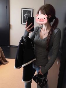 Áo Thun Dài Tay Cổ Chữ V Lót Lông Cừu Ôm Vừa Vặn Cho Nữ Mùa Thu Đông Thường Ngày Màu Trơn Phong Cách Hàn Quốc