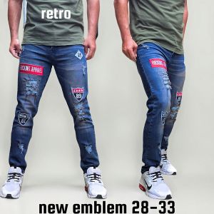 Celana Jeans Sobek Pria Panjang Emblem Stretch Melar Denim Tebal Slimfit Skinny Size 28-33