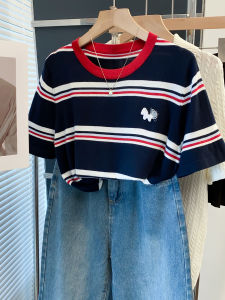 JIANDIYA | Floral Round-Neck Striped Knitted T-Shirt