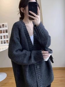 เสื้อคาร์ดิแกนถักหนาแขนยาวสำหรับผู้หญิงในฤดูใบไม้ร่วงและฤดูหนาว ทรงหลวม ทรงหลวม ทรงหลวม เสื้อคาร์ดิแกนถักสำหรับผู้หญิง