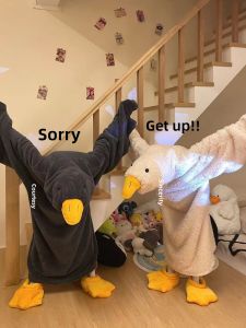 Coral Fleece Pajamas Onesie for Men Winter Warm Thermal Hatless Long Sleeve Straight Leg Comfortable Fit Cartoon Duck Design