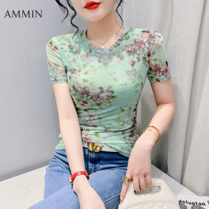 AMMIN Đơn Giản Mới Mùa Hè Cổ Tròn Thời Trang In Hoa Cổ Điển Slim Chic Áo Phông Ngắn Tay Nữ Phong Cách Hàn Quốc In Màu Mực Kích Thước Lớn S-3XL Thường Ngày Thoải Mái Áo Blouse Thanh Lịch