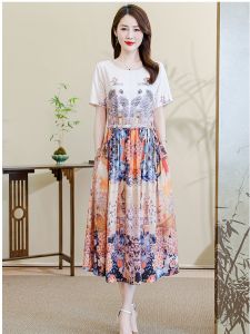 Elegant Midlife Mom Shanghai High Cotton Silk Dress New Summer Fashionable Long Skirt Chinese Style Print A-Line Midi Dress