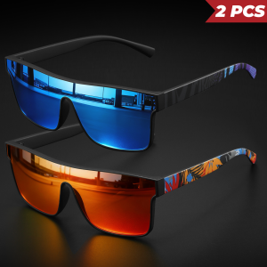 2PCS Classic Fashion Square Sunglasses - One-Piece Lens Patterned Temples UV400 for Cycling Running & Travel