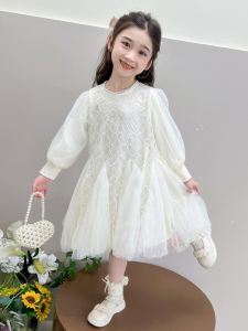 ชุดเดรสยาวแขนยาวสำหรับเด็กผู้หญิง ชุดการแสดง ชุดเจ้าหญิง สีขาว ชุดเดรสผ้าโปร่ง ชุดวันเกิด ฤดูใบไม้ร่วง เด็กผู้หญิง ชุดกระโปรง