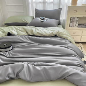 High Grade Gray Green Summer Ice Silk Bed Sheets Four-Piece Set Cool Silky Washed Real Silk Quilt Cover Quilt Sheet Three-Piece Set