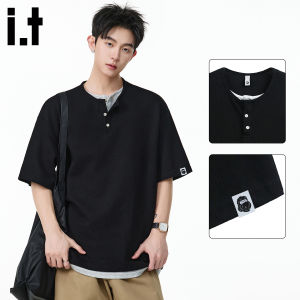 FINGERCROXX | American Style Fake Two-Piece Henley Collar Loose T-Shirt