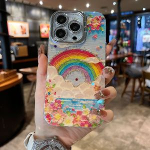 Rainbow Flower Sea Elegant Dream Apple Series iPhone Protective Case Silver Grey Sparkle Lens Stand New Fashion Mobile Phone Cover