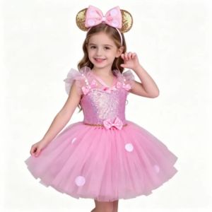 Sweet Pink Polka Dot Tulle Dress for Girls Short-Sleeve Princess GownKids Clothing for HalloweenBirthday Parties and Festive