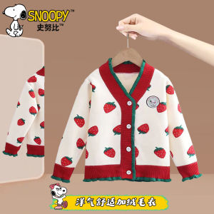 Snoopy Girls Knitted Sweater Spring Autumn Open Cardigan Baby Velvet Strawberry Print Cute Girl Jacket Shirt Princess Style Cotton Polyester Soft Processed