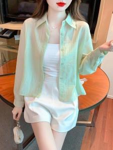 Áo Chống Nắng Nữ Mùa Hè 2025 Áo Khoác Ngoài Mỏng Bằng Vải Voan Áo Khoác Cardigan Hở Cổ Bẻ Tay Bảy Áo Chống Nắng