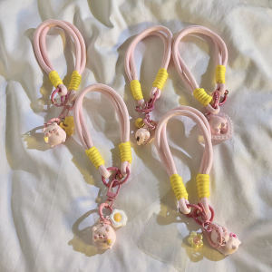 Cute Pink Pig Heart Shaped Nylon Lanyard Mobile Phone Case Creative Handmade Woven Bracelet Anti-fall Phone Strap Girls Accessory