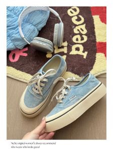 Casual Thick Bottomed Leather Canvas Shoes Comfortable College Style Blue Denim Korean Laced Low Top round Toe Rubber Sole