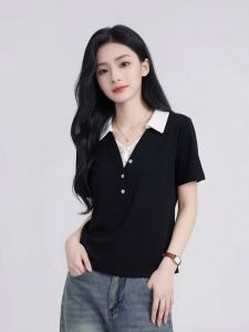 AIYITI | Lace Polka Dot Polo Collar Short Sleeve T-Shirt Plus Size