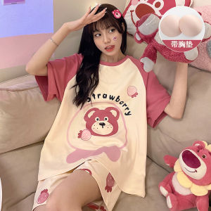 Summer New Womens Sleepwear with Chest Pad Cute Stripe Little Dog Short Sleeve Shorts Set Korean Version Outdoor Wear Home Clothes