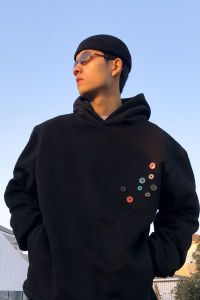 Thrillscrew Fastener Decoration Hooded Sweatshirt Spring & Fall Loose Pullover Fleece-lined Long Sleeves Couple Kangaroo Pocket