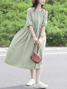 Mei Tsai Summer Travel Dress Womens A-Line Skirt Full Linen Material Bubble Sleeve round Neck Single Piece Vintage Style Dress