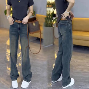 กางเกงยีนส์บุขนกำมะหยี่ฤดูใบไม้ร่วงและฤดูหนาวกางเกงขาตรงสำหรับผู้หญิงกางเกงขากว้างแบบแคบกางเกงขายาวกางเกงทรงลูกแพร์สำหรับสาวอวบใส่แล้วดูผอมเพรียว