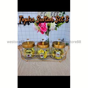 Stoples Kue Kering Kacang Edisi Emas Snack Jar Gold Bahan Kaca Dengan Nampan Mewah 480ml WEO AZ1538