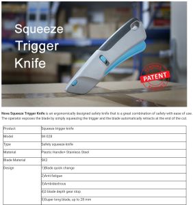 3 blade depth gear stop automatic retracting knife squeeze trigger safety knife