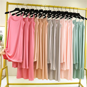 Silky Summer New Womens A-Line Midi Dress Loose Fit Slimming Base Layer Skirt Thin Material round Neckline Korean Style