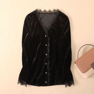 เสื้อคาร์ดิแกนคอวีแขนยาวผ้ากำมะหยี่สีเขียวมะกอก แจ็คเก็ตสั้นผ้าลูกไม้ปะติดปะต่อกันแฟชั่นฤดูใบไม้ร่วง/ฤดูหนาว ใส่ได้ทั้งในและนอก