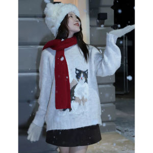 BINKAFENNY | Color Block Plush Cat Pattern Round Neck Knitted Sweater Women Loose Fit Autumn New Style Slimming Top Comfortable Warmth Long Sleeve