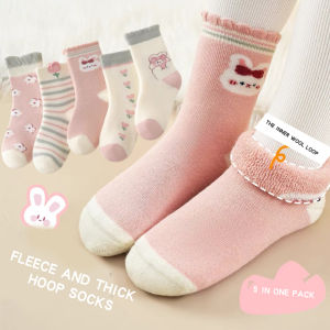 5 Pairs Thickened Fleece Rabbits Pattern Children Girls Warm Socks Lovely Trendy Soft Comfortable Elastic Half Sock for Girls