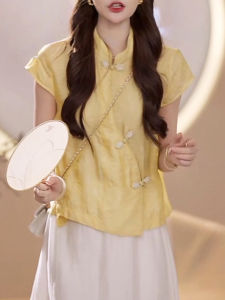 Shalldoer | New Chinese Style Short Sleeve Shirt Womens Stand Collar Button Up Top Casual Summer Fashionable Unique Beautiful Ladies Blouse