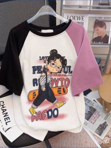 American Style Girls Short Sleeve T-Shirt Summer Pure Cotton Loose Retro Color Block Print Half Sleeve Top Trendy for Middle And Large Children