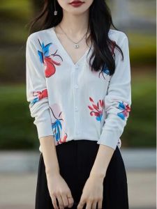 เสื้อคาร์ดิแกนถักคอวีพิมพ์ลายหรูหราสไตล์ฝรั่งเศสสำหรับผู้หญิง เสื้อเชิ้ตคอกลมแขนยาวสวมใส่สบาย ทรงหลวม สไตล์เกาหลี