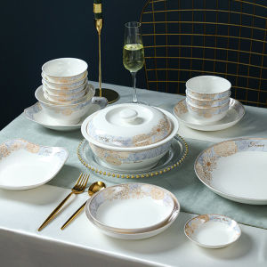 Bộ Đồ Ăn Sứ Xương Gốm Sứ Happy Time Bát Đĩa Gia Dụng Bát Đĩa Bát Cơm Viền Vàng Bát Canh Đơn Giản Sang Trọng Sáng Tạo Kết Hợp