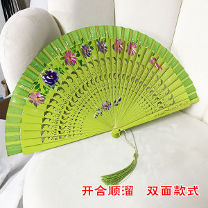 พัดลมเซรามิคสีแดงทาสีสองด้านสไตล์จีนคลาสสิก < Ne1> พัดลมเต้นรํากรอบไม้เครื่องประดับแฟชั่นแบบดั้งเดิม