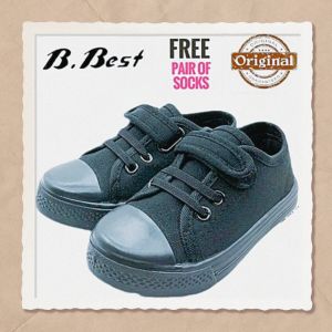 B.Best Black School Shoes Size 27-36 Canvas Sneakers with Velcro Straps and Rubber Toe Caps.